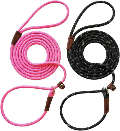 WYUZE 2-Pack 8ft Slip Leads for Dogs No Pull, Reflective Pet Behavior Training Lead, 1/3" Nylon Rope Slip Control Leash for Small Medium Dogs, Black+Pink