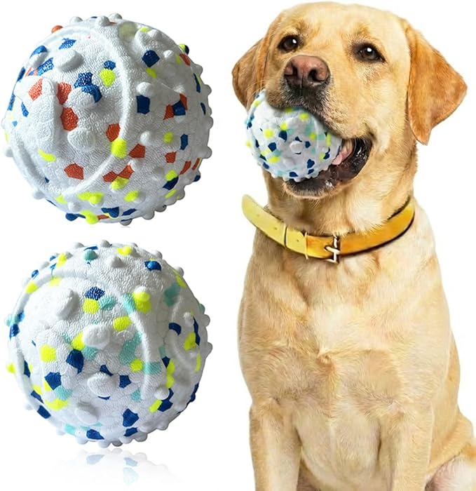 CAISHOW 2Pack Dog Ball Squeak Toys Indestructible Dog Ball Float On Water Fetch Bouncy Durable Solid Rubber Ball for Puppy Small and Medium Dogs Playing Toys (Bell Ball 2Pcs White)