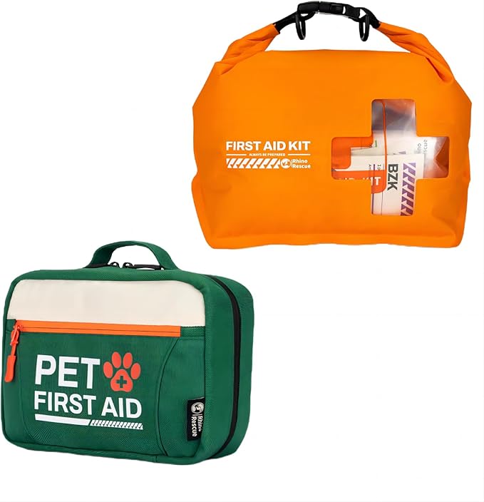 RHINO RESCUE Bundle - Pet First Aid Kit, Emergency Medical Supplies for Dogs & Cats, Safety Essentials Pack with Thermometer+Waterproof First Aid Kit, Lightweight Boat Dry Bag