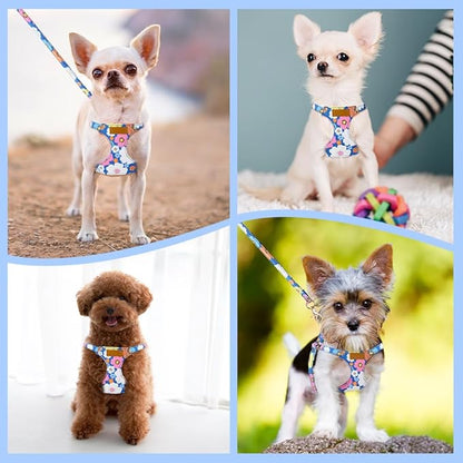 Lukovee Puppy Harness and Leash Set, No Pull Lightweight Soft Suede Adjustable Pet Harness Vest with Snap Buckle for Puppy Small and Medium Size Dog (Blue Flower, XXS)