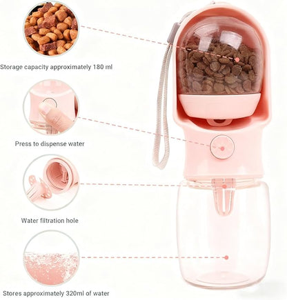 2-in-1 Dog Water Bottle with Food Container - 10oz Leak-Proof Travel Water Dispenser, Travel Water Bowl for Cats, Dogs, and Puppies - Essential for Walks, Hikes, and Travel (Pink)