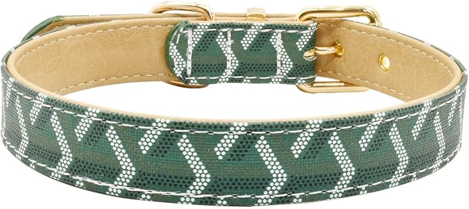 Leather Dog Collar and Leash Set, Check Pattern Dog Collar Leashes Metal Buckle Adjustable Durable for Small Medium Large Dogs (Green, M(11.8-15IN))