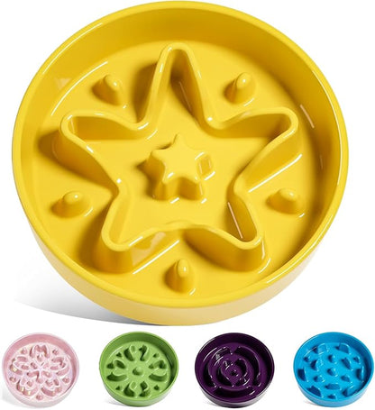LE TAUCI Ceramic Slow Feeder Dog Bowls Small Breed, 0.6 Cups Dog Food Dish for Fast Eaters, Puzzle Bowl for Small Dogs and Cats, Star Yellow