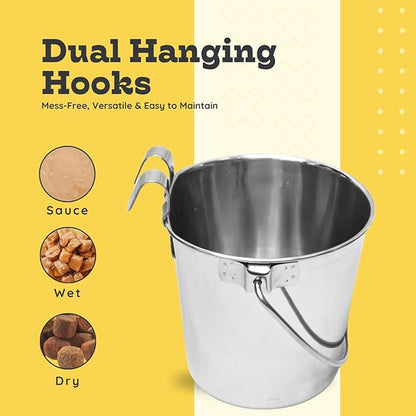 2 quart Stainless Steel Flat Sided Bucket with Dual Hooks | 0.5 gal Durable Food & Water Bowl for Dog Cats Bird & Small Animals | Fits kennel Cage Critter Crate | Hanging Utility Pet Pail