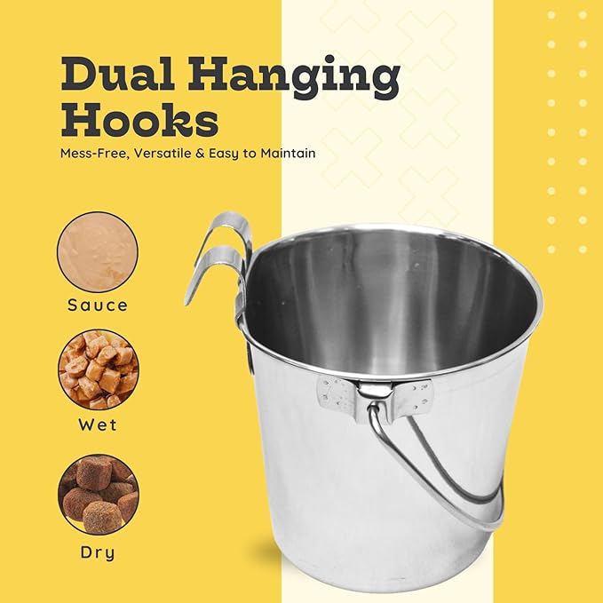6 quart Stainless Steel Flat Sided Bucket with Dual Hooks | 1.5 gal Durable Food & Water Bowl for XL Dog Goat Sheep & Livestock | Fits kennel Cage Critter Crate | Hanging Utility Pet Pail