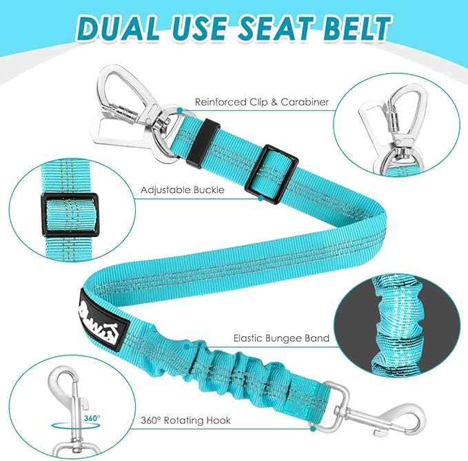 SlowTon Dog Seatbelt, 2 Pack Dog Seat Belt Car Leash Adjustable Elastic Bungee Buffer Heavy Duty Nylon Reflective Pet Safety Tether Connect to Dog Harness for Travel Riding in Vehicle (Daul Clip, TB)
