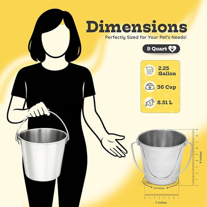 9 quart Heavy Duty Stainless Steel Round Bucket with Handle 2Pcs | 2.25gal Sturdy Food & Water Bowl for XL Dog Goat Sheep Horse & Livestock | Fits kennel Crate Farm | Hanging Utility Pail