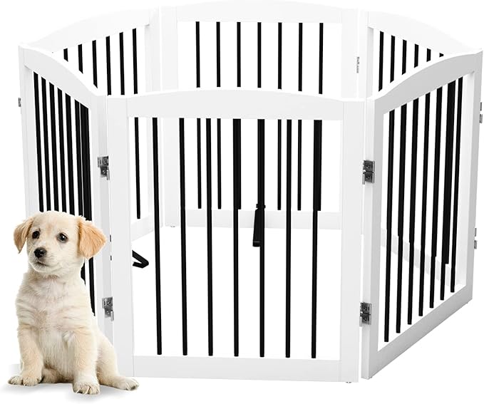 PUPETPO Freestanding Pet Gate for Dogs, Foldable Wooden Dog Gate for House, Extra Wide Indoor Pet Barrier for Stair, Doorway, Hall, Support Feet Included, 120 Inch Wide, 6 Panels 24", White