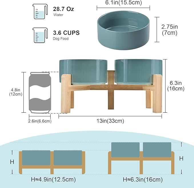 SPUNKYJUNKY Elevated Dog Bowls Ceramic, 6.1'' Dogs and Cat Food Water Bowls Raised with Non-Slip Bamboo Stand for Medium Sized Breed Microwave Dishwasher Safe - 28.7 OZ,Dark Green