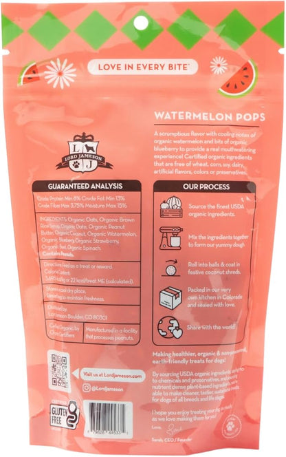 Lord Jameson Watermelon Pops Organic Dog Treats, Organic Dog Treats Made with Real Watermelon, 6 oz. Bag