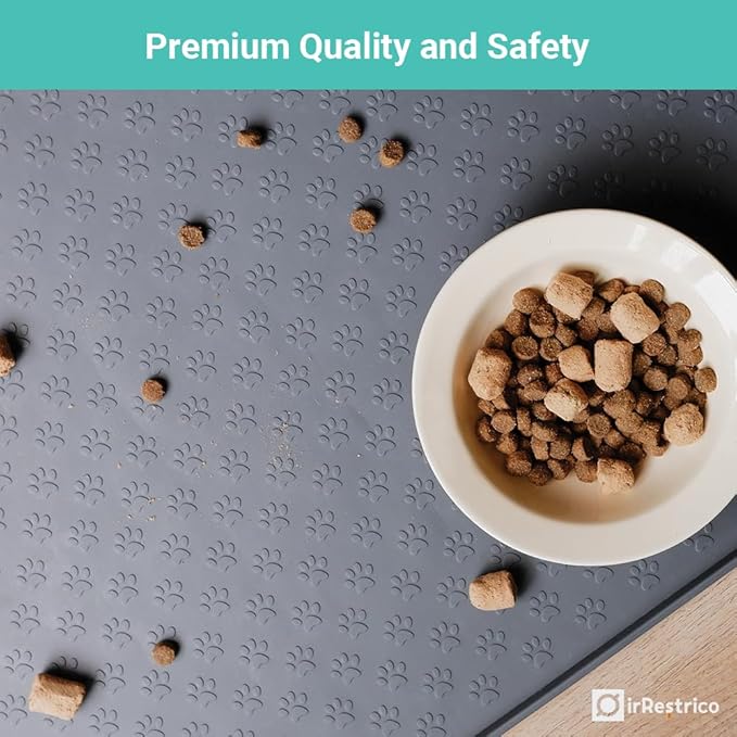 Pet Food Mat for Dogs and Cats 16"x24", Non-Slip Waterproof Silicone Feeding Mat for Food and Water Bowls, Easy-to-Clean(Grey)