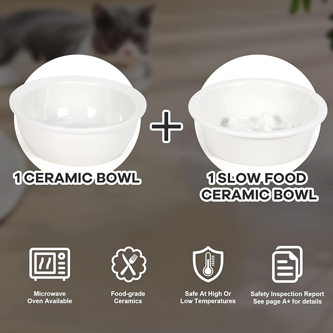 LEAWALK Upgraded Adjustable Height Cat Food Bowls Stand Ceramic Dog Bowls and Slow Feeder Cat Bowl, 15°Tilted Stand Anti Vomiting Raised for Small and Medium Sized Cats Dogs (Creamy White)
