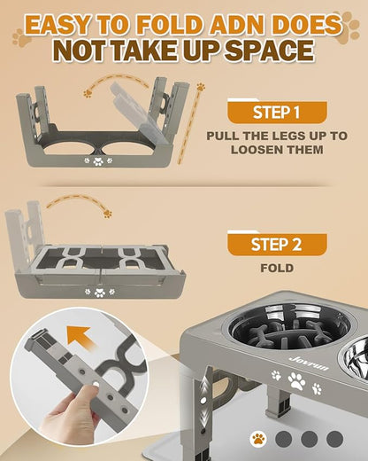 Jovrun Elevated Dog Bowls for Medium Size Dogs with Mat, Non-Slip Dog Feeder with 1*Stainless Steel Dishes & 1*Slow Feeder Bowl, 5 Heights Adjustable Raised Bowls for 3.15″-8.66″-9.84″-11.02″-12.2″