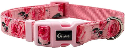 Dog Collar Leash Set, Floral Pattern, Nylon Webbing Plus Cotton Ribbon, 5ft Matching Leash, for Medium Dogs.(M, Pink Rose)