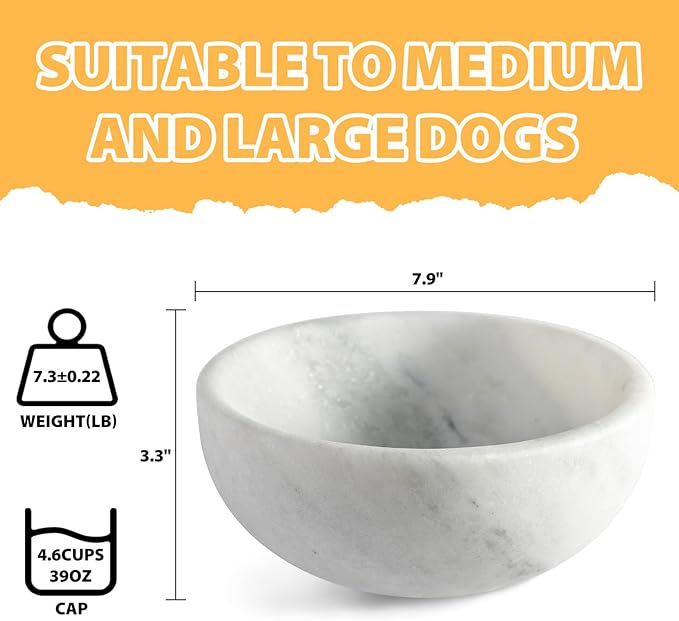 Karibiber White Dog Bowl, Marble Dog Food Bowl, Non-Slip Stone Dogs Water Bowl Large, Non-Tipping Heavy Duty Pet Bowl for Large Dogs, African Natural Marble, Holds 4.6Cups(7.5lbs)