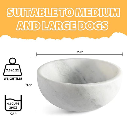 Karibiber White Dog Bowl, Marble Dog Food Bowl, Non-Slip Stone Dogs Water Bowl Large, Non-Tipping Heavy Duty Pet Bowl for Large Dogs, African Natural Marble, Holds 4.6Cups(7.5lbs)