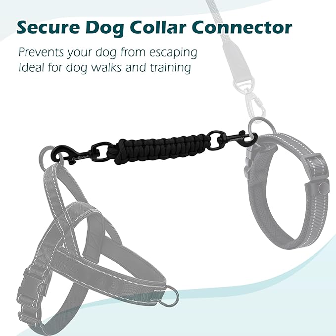PetBonus Dog Collar Safety Clip, Handmade Backup Safety Strap for Dog Harness, Prong, Pinch Collar, Double Ended Clasp Leash Connector (Black)