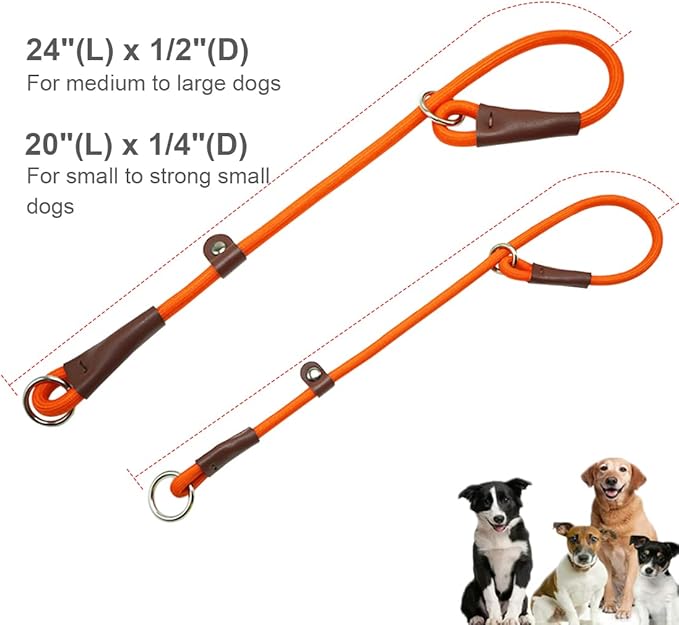 MayPaw Slip Collar Nylon Rope Adjustable Collar for Dog Training- No Pull Round Martingale Dog Collars for Small Medium Large Dogs (20" x 1/4", Orange)