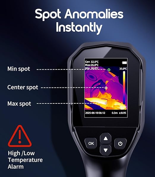 Thermal Camera, 240 x 240 TISR Resolution, -4°F to 1022°F Temp Range, 25Hz Infrared Camera with Temperature Alarm, 50°FOV Handheld Thermal Imaging Camera