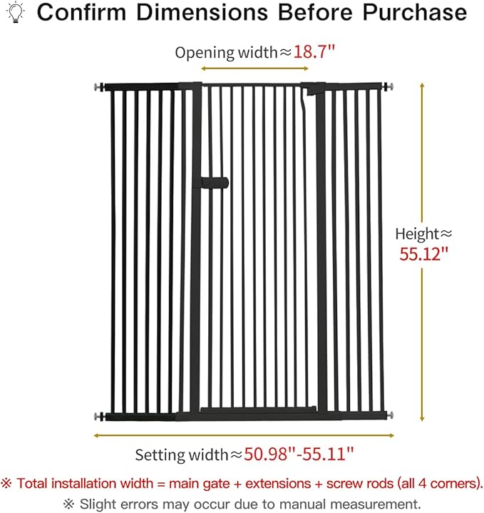 Lumizone Extra Tall Cat Gate 55.12" High Pressure Mounted Extra Wide 2025 New (17 Sizes) 1.37" Gap No Drilling Auto-Close One-Handed Operation Tall Pet Gate for Dogs(Black, 55.12" H x 50.98"-55.11" W)