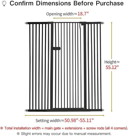 Lumizone Extra Tall Cat Gate 55.12" High Pressure Mounted Extra Wide 2025 New (17 Sizes) 1.37" Gap No Drilling Auto-Close One-Handed Operation Tall Pet Gate for Dogs(Black, 55.12" H x 50.98"-55.11" W)
