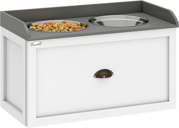 PawHut Large Elevated Dog Bowls with Storage Drawer Containing 21L Capacity, Raised Pet Feeding Station 2 Stainless Steel Grey,White