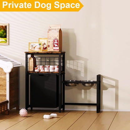 30.6Long x 26.2 High Elevated Dog Bowl Stand with Pet Food Storage Organizer, Adjustable Raised Feeding Station with Toy Basket for Large Medium Small Dogs and Cats, Black
