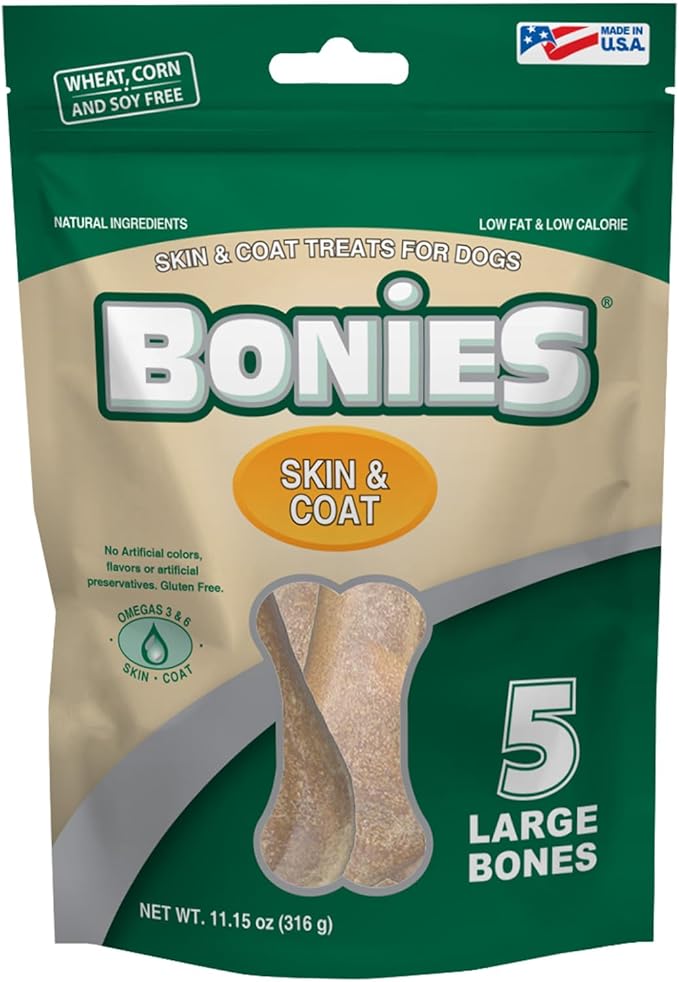 Bonies Natural Skin & Coat Formula Large-Sized Single Bone - Promote Silky Coat & Healthy Skin, Healthy Teeth & Fresh Breath, Low Calories - Chicken Flavor, [Large Dogs], 5 Bones