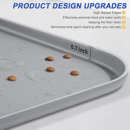 SMILOOL Silicone Pet Feeding Mat with Raised Edge for Food and Water, Dog Bowl Mats, Cat Bowls Placemat with High Lip for Floor Waterproof, Rubber Tray for Cats and Dogs 19 x 12 x0.7 Light Gray