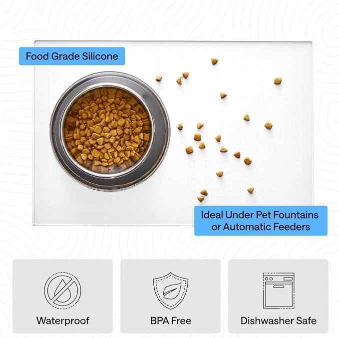 GORILLA GRIP 100% Waterproof Raised Edge BPA Free Silicone Pet Feeding Mat, Dog Cat Food Mats Contain Spills Protects Floors, Placemats for Cats and Dogs Water Bowl, Pets Accessories 32x24 White