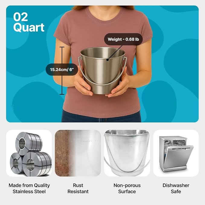 Half Gallon Heavy Duty Stainless Steel Bucket - Rust-Resistant Metal Bucket for Feeding & Watering Pets, Livestock & Cleaning - Perfect for Crates, Kennels, Cages & Hang on Fences - 2 Quart