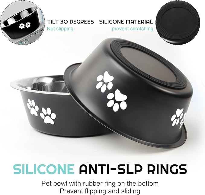 YUDANSI Dog Bowls 2 Pack Small Medium Dogs Feeding Food Water Bowl with Non-Slip Silicone Sole, Stainless Steel Dog Dishes Elevated Raised Pet Feeder(Black, L(6.6 Cups)