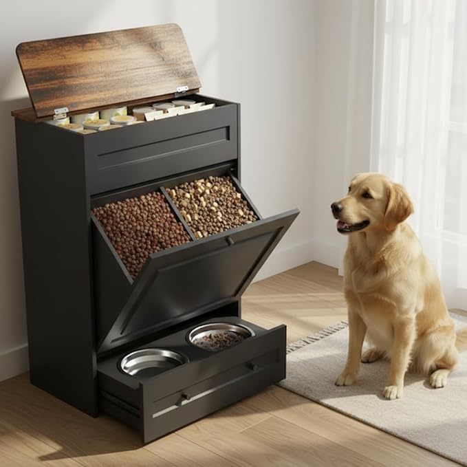 Elevated Dog Feeding Station with Storage Cabinet, 5.3" Pull-Out Hidden Bowls, Dog Food Organizer for Medium Large Dogs with Slow Feeder, Stainless Steel Bowls & Side Hooks (Black)