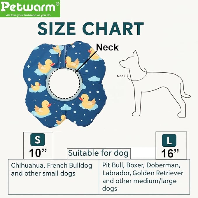 PetWarm Recovery Collar for Dogs, Dog Recovery Collar, Lightweight Pet Neck Protector with Memory Foam Padding, Gentle No-Lick Flower Design for Calm Rest and Travel, Duck Print, Green, S