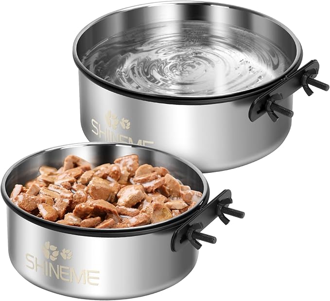 Dog Kennel Bowls for Crates, ShineMe 54oz & 34oz Dog Food Bowl and Crate Water Bowl No Spill, Stainless Steel Dogs Bowls Mountable 2 Pack, Silver (7.1x2.9” & 6.2x2.6”)