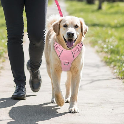 BARKBAY No Pull Dog Harness Large Reflective Dog Harness with Front Clip and Easy Control Handle for Walking Training Running with ID tag Pocket(Baby Pink,M)