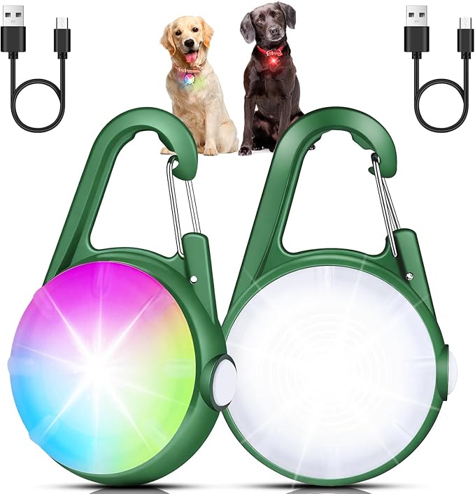 2 Pack Dog Collar Light, 4 Modes Clip On Dog Lights for Night Walking, Glow in the Dark LED Pet Collar Charm, Rechargeable Pet Camping Essentials for Nighttime Running, Cycling, Hiking(Army Green)