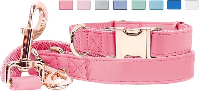 Soft Leather Dog Collar and Leash (6.6') Set - Stylish Rose Gold Heavy Duty Metal Buckle, 4 Adjustable Lengths Leash for Small Medium Large Dogs - Comfortable & Easy to Clean Dark Pink S(12.2"-16.9")