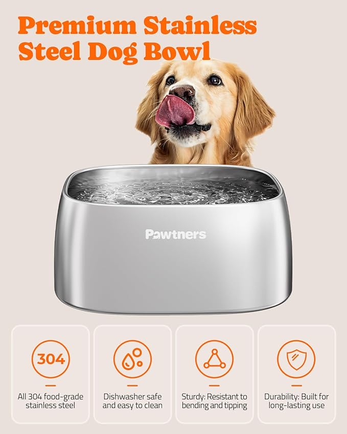 Pawtners 4L Large Stainless Steel Dog Bowls, Dog Water and Food Bowl for Large Breed Dogs with Non-Slip Base, Metal Pet Bowls Easy to Clean, Indoor Outdoor Use, 135oz, Silver