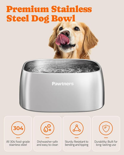 Pawtners 4L Large Stainless Steel Dog Bowls, Dog Water and Food Bowl for Large Breed Dogs with Non-Slip Base, Metal Pet Bowls Easy to Clean, Indoor Outdoor Use, 135oz, Silver
