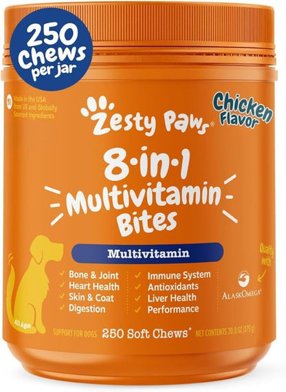 Zesty Paws Dog Multivitamin, Chewable Dog Vitamins and Supplements for Hip & Joints, Skin & Coat, Omega 3 Fish Oil for Dogs- Senior & Puppy Multivitamin - Chicken- 250ct