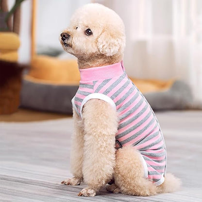 Dog Surgery Recovery Suit,Female Male Puppy Shirt,Dog Spay Neuter Onesie,E-Collar Cone Alternative,Abdominal Wound Protector,Prevent Licking Wound(Pink Gray Stripe-m)