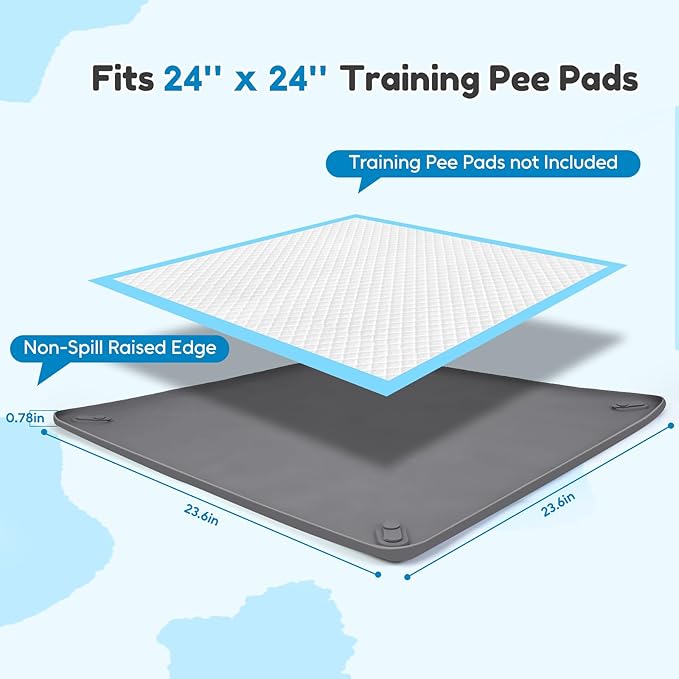 Puppy Pad Holder, 24” x 24” Dog Pee Pad Holder Tray with 4 Magnetic Clips, No Spill Raised Edge Indoor Silicone Dog Potty Trays, Leak-Proof Square Dog Toilet Training Pads Mat for Floor Protection