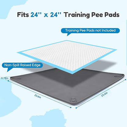 Puppy Pad Holder, 24” x 24” Dog Pee Pad Holder Tray with 4 Magnetic Clips, No Spill Raised Edge Indoor Silicone Dog Potty Trays, Leak-Proof Square Dog Toilet Training Pads Mat for Floor Protection
