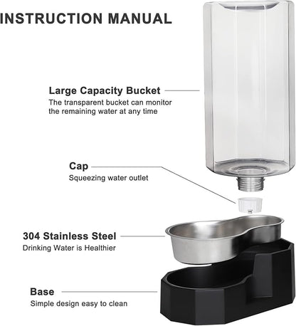 Sfozstra Large Dog Water Dispenser: 9L Gravity Black Gravity Water Feeder - Dishwasher-Safe Stainless Steel Bowl - Easy Clean - for Medium/Large Dogs - Multi-Pet Homes - Garage/Garden/Patio