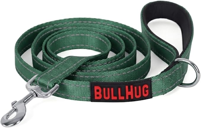 BULLHUG 6 FT Bulldog Leash with Padded Handle. Perfect for Bulldogs, French Bulldogs, Pugs & All Breeds. Leashes for Walking, Training Lead for Bulldogs (Reflective Stitching, Hunter Green)