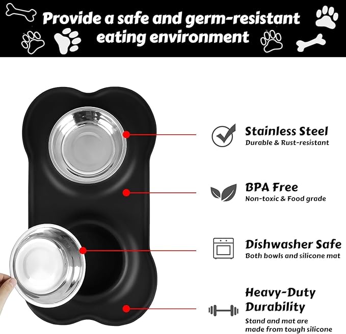 AsFrost Dog Food Bowls Stainless Steel Dog Bowls, Dog Food and Water Bowl Set with No Spill Non-Skid Silicone Mat, Dog Dishes for Small Medium Large Sized Dogs Pet Cat Food Bowls, 6 Cup, Black