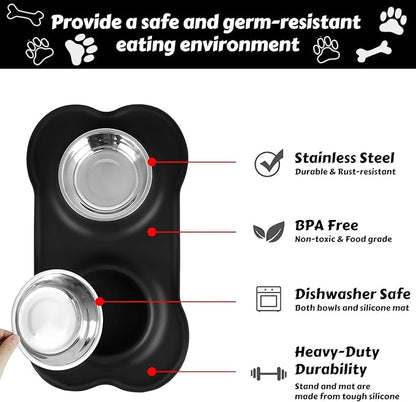AsFrost Dog Food Bowls Stainless Steel Dog Bowls, Dog Food and Water Bowl Set with No Spill Non-Skid Silicone Mat, Dog Dishes for Small Medium Large Sized Dogs Pet Cat Food Bowls, 6 Cup, Black