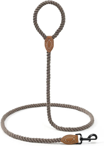 Mile High Life Dog Leash, Braided Cotton Rope Leashes with Leather Tailor Tip with Leather Tip - Heavy Duty Metal Clasp, 6FT, 1/2" Thick - Wedding, Walking Leash for Medium Large Dogs(Camel)