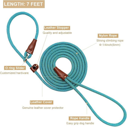 BTINESFUL 7FT Slip Lead Dog Leash, 14+ Colors Nylon Rope Leash, 1/4 Diam Dog Training Lead for Small Medium Dogs (1/4" * 7 FT, Green Dot)